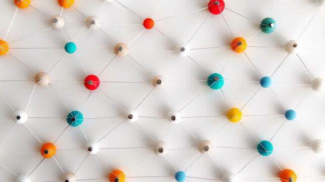 3d Social networking colorful nodes background, interconnected by thread lines to form a grid structure, indicating interconnections and relationships in the social community or business