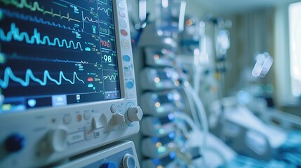 Fototapeta premium Intensive Care Unit with Monitoring Devices. Close-up of monitoring devices in an intensive care unit (ICU), displaying patient vital signs and advanced medical technology.