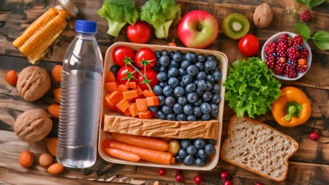An elementary school lunchbox with sandwiches, fruits, vegetables, blueberries, nuts, and a bottle of water is displayed on a wooden table with a wooden chair