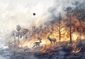 Deer and Butterfly Evacuating Fire