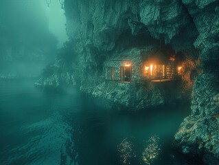 Obraz premium Magical cabin nestled in a misty cliffside over a calm lake, emanating warm lights, creating an enchanting, serene atmosphere.