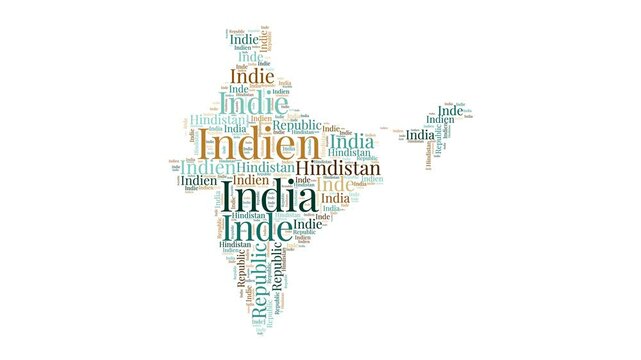 India shape word cloud animation. Country boundary filled with country names animated. India presentation video.