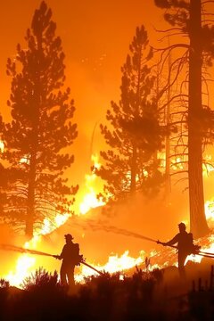 Silhouetted Firefighters Fighting Forest Fire. They shoot water from the hose