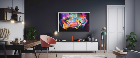 Step into a stylish game room adorned with a vibrant illustration within a blank white frame. The sleek design and immersive ambiance create the perfect environment for gaming enthusiasts.
