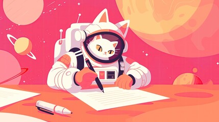 Fototapeta premium Cute cat in astronaut suit writing on paper, vector illustration for t-shirt design, space background with planets and stars, generated AI