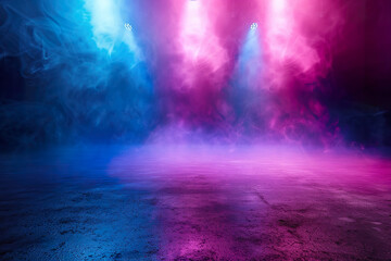 A purple and blue room with smoke and lights.