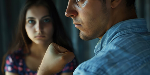 Closeup of clenched fist of aggressive man with sad frightened young woman in background. Domestic violence