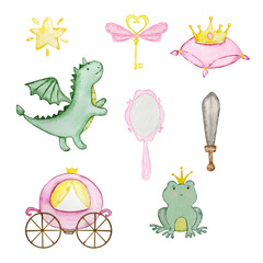 Watercolor fairy tale set princess, nursery illustration