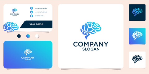 brain combination logo with dot molecules and business card design