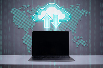 Laptop computer connecting to the cloud with map in the background. Cloud storage concept.