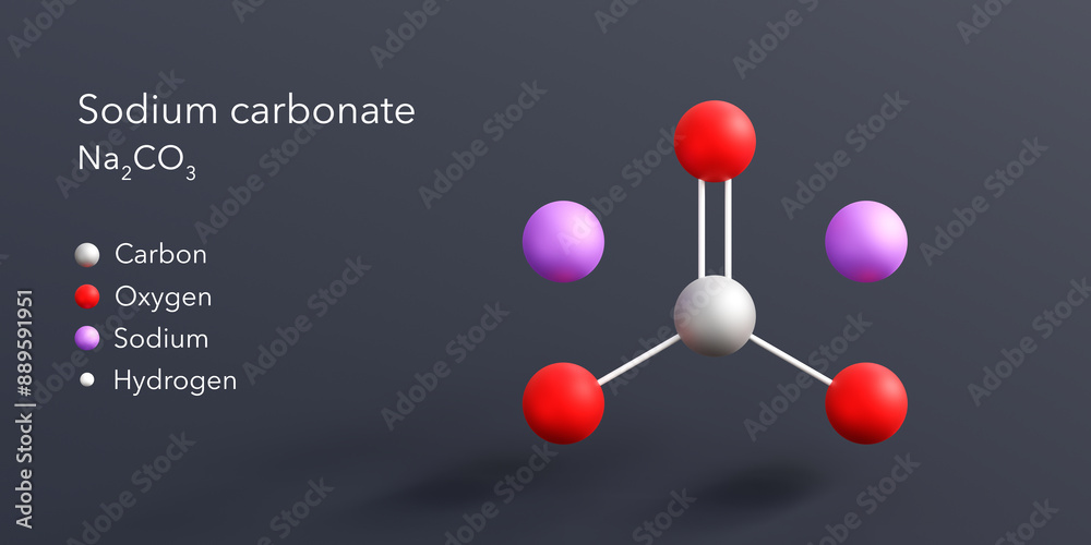 Poster sodium carbonate molecule 3d rendering, flat molecular structure with chemical formula and atoms col