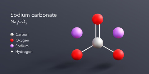 sodium carbonate molecule 3d rendering, flat molecular structure with chemical formula and atoms color coding