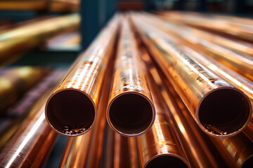 Naklejka premium Close up of copper pipes in warehouse.