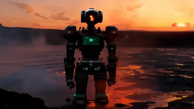 Futuristic robot surveying volcanic landscape at sunset