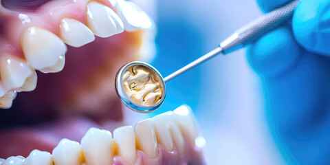 Dental gold fillings, Close-up of gold implant teeth in the mouth.