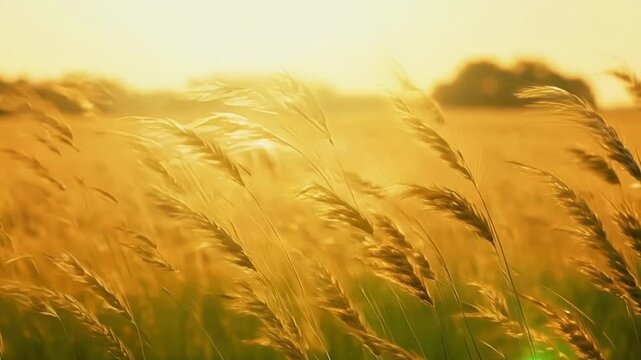 Whipping winds create a mesmerizing dance of tall grass and rippling waves in the golden fields below.