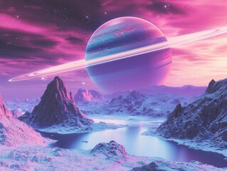 A Dreamy, Pink-Hued Alien Landscape, with a Majestic Ringed Planet and Sparkling Stars