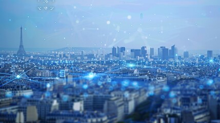 Paris Skyline with Abstract Blue Network