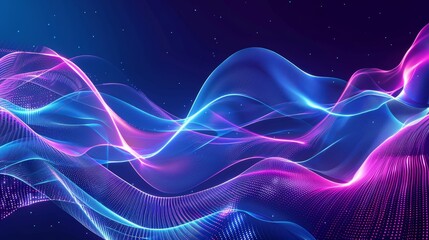 Abstract Blue and Pink Neon Waves with Glowing Particles on Dark Background