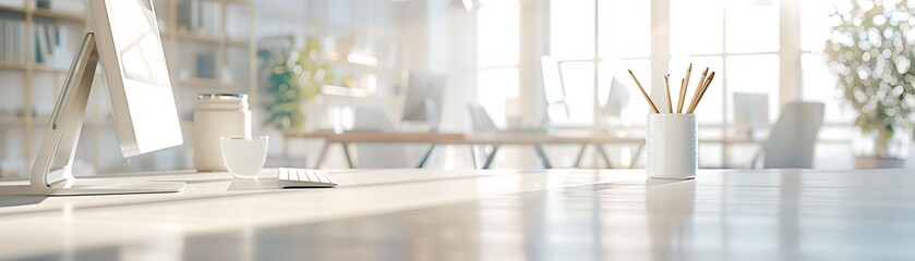 Modern, bright office space with minimalist decor, featuring a clean desk setup, plants, and ample natural light.
