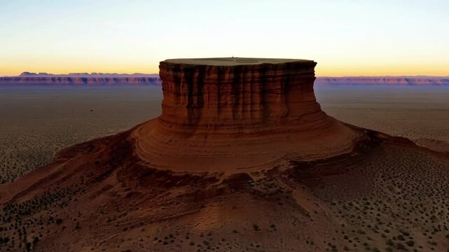 Fly over of a solitary mesa standing tall and proud amidst the vast emptiness of the high desert.