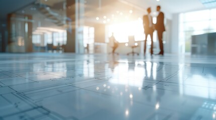 Modern office environment with business professionals discussing project over architectural blueprints. Bright, spacious, and collaborative workspace.