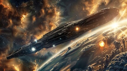 A colossal alien spaceship entering the atmosphere of a distant planet.