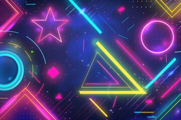Obraz premium Abstract Neon Geometric Pattern Background with Stars, Lines, and Shapes in Vibrant Colors