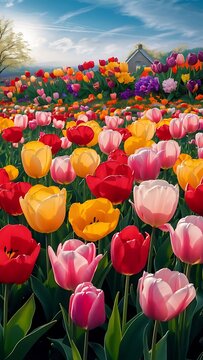 Floral spring time landscape with mixed color tulips