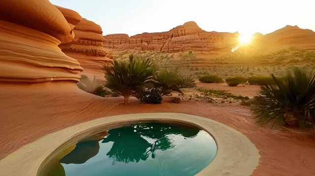 The organic curves and patterns of winderoded sandstone create a breathtaking backdrop for a peaceful desert oasis.
