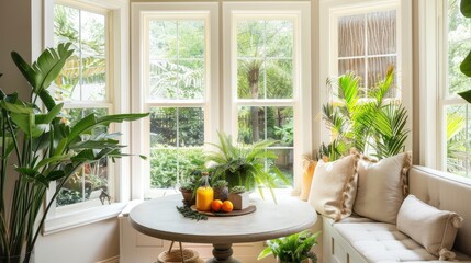 A bright breakfast nook with a round table, cushioned bench seating, and an array of indoor plants, with large windows offering a view of the garden.