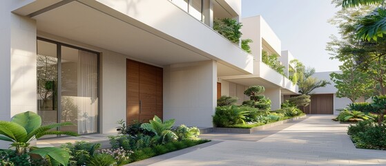 Modern townhouses with lush landscaping showcasing contemporary architecture in a serene suburban neighborhood, sunny day, no people.