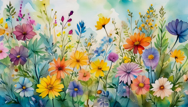 Watercolor floral texture, wildflowers in the field, wildflowers background