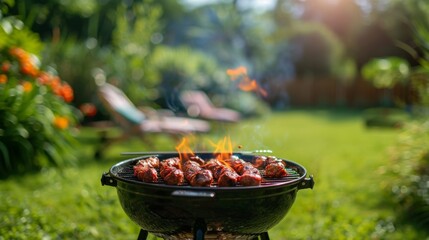 A neighborhood barbecue feast in a cozy backyard with various grilled foods and festive lights.