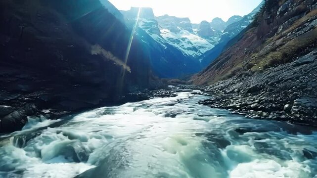 The roar of rushing meler as it surges through a narrow canyon in the heart of the alpine landscape.