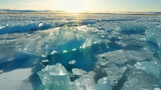 With the first rays of sunlight the frozen world comes alive revealing a myriad of textures and patterns across the vast expanse of ice fields.