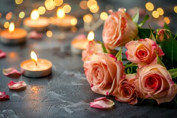 Romantic Still Life with Roses, Candles, and Soft Lighting