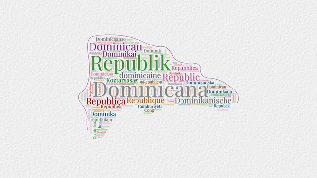 Dominicana logo animation. Dominicana boundary word cloud animation. Video of country names in multiple languages popping out on paper style background. Country opening, intro, presentation video.
