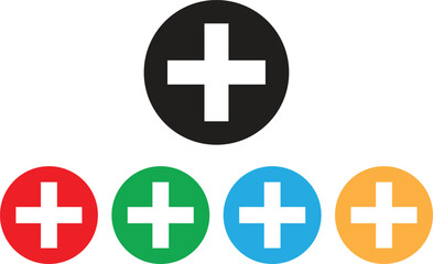 Colorful plus icon set in black, red, green, blue and orange colors . Add icon set vector