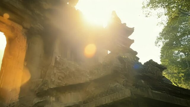 An abandoned temple hidden ast the trees with sunlight peeking through cracks in its walls.