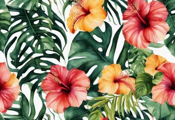 tropical painting deliciosa Watercolor seamless pattern leaves flowers hibiscus