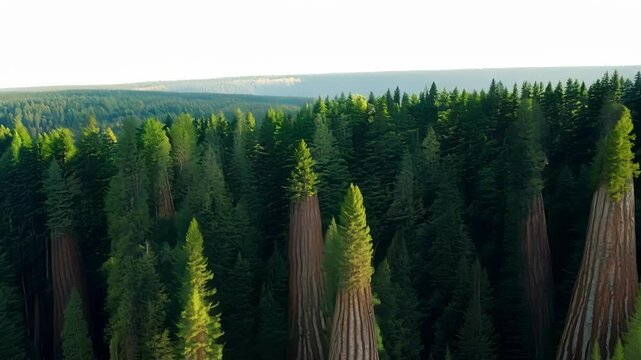 A birds eye view of the endless rows of giant sequoia trees reaching towards the sky.