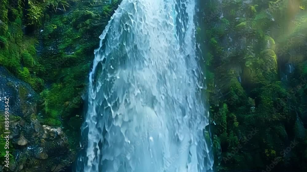 Poster using a slowmotion effect the camera captures the graceful motion of the waterfalls as they seem to 