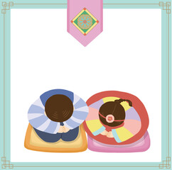 Traditional frame background illustration with a person wearing hanbok and bowing