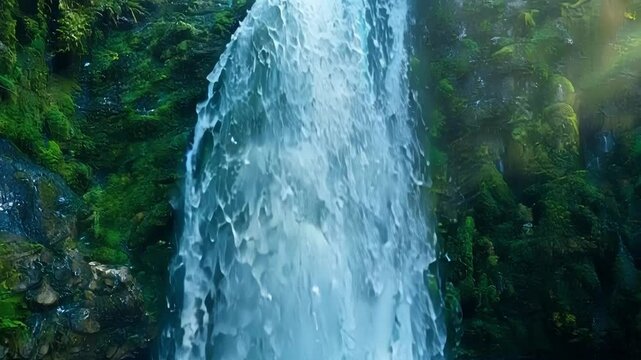 Using a slowmotion effect the camera captures the graceful motion of the waterfalls as they seem to dance down the rocky terrain.