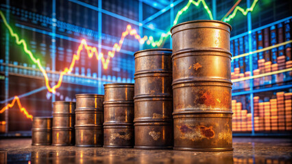 Rusty oil barrels stacked in the foreground, with blurred financial charts and graphs displaying rising oil prices and market growth in the background.