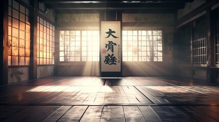 A traditional Japanese dojo with large windows and sunlight streaming in, creating a serene atmosphere. The wooden floor and furnishings highlight the heritage and culture.