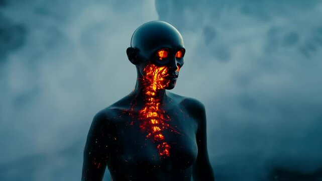 Mysterious glowing humanoid figure in misty environment