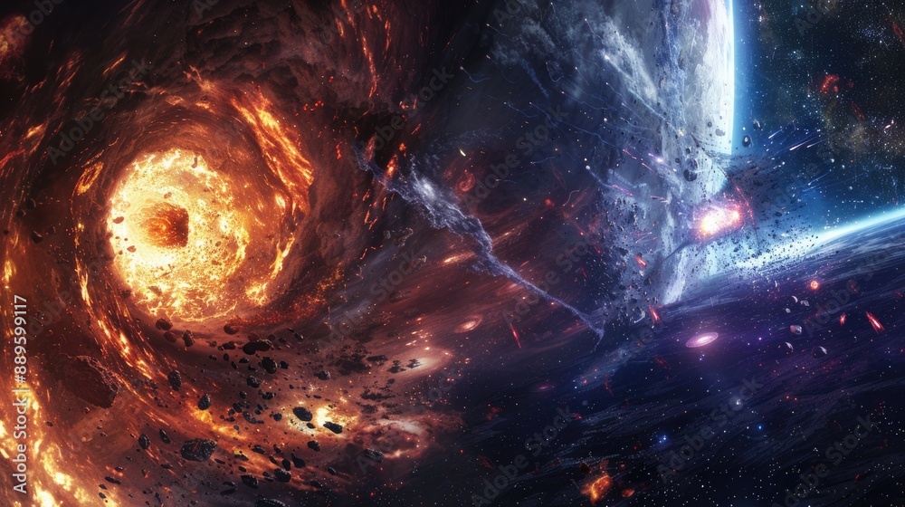 Wall mural a cosmic anomaly creating a rift in space, from which emerge hostile entities attacking a scientific