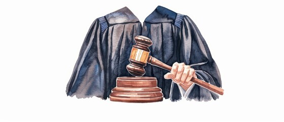 Fototapeta premium A judge depicted with formal watercolor robes and gavel isolate on white background